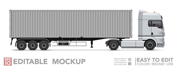 Poster - Editable semi truck mockup. Realistick tractor & iso container trailer on white background. Vector illustration. Collection