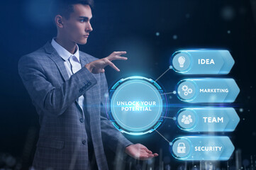 Wall Mural - Business, Technology, Internet and network concept. Young businessman working on a virtual screen of the future and sees the inscription: Unlock your potential