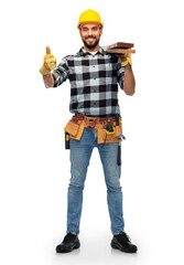 Sticker - profession, construction and building - happy smiling male worker or builder in helmet with boards showing thumbs up over white background