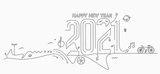 Happy New Year 2021 Text with travel world Design Patter, Vector illustration.