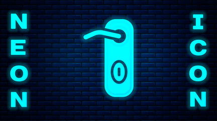 Sticker - Glowing neon Door handle icon isolated on brick wall background. Door lock sign. Vector.