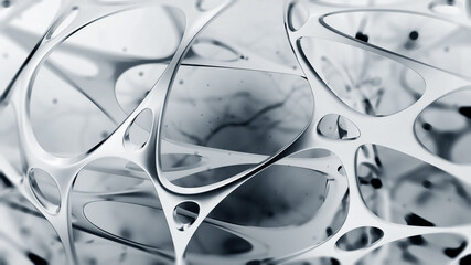 Poster - Communication and development. High resolution poster on high technology theme. Black and white abstract image of a neural network. 3D illustration of nanotechnological synthetic materials