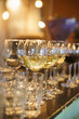 © Evgenii Starkov - Glasses with white wine on counter prepared for guests.