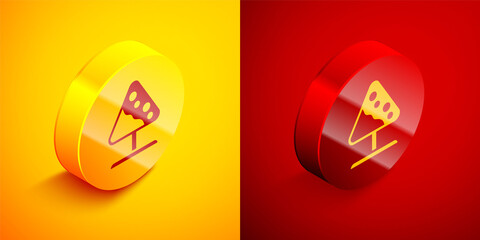 Sticker - Isometric Road sign avalanches icon isolated on orange and red background. Snowslide or snowslip rapid flow of snow down a sloping surface. Circle button. Vector.