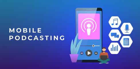 Poster - Mobile Podcasting concept, Podcast Radio Services. Man with headphones listens to mobile online streaming application with interview, music program, talk show, financial news and audio blogs