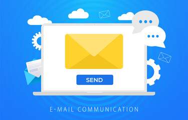 Poster - Email Communication, incoming or sending mail, receiving new e-mail message notification. Laptop with inbox with yellow envelope and send button with talk and communication chat icons
