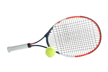 Tennis racket and ball on white background. Sports equipment