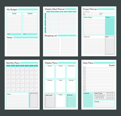 Wall Mural - Vector planner pages templates. Daily, weekly, monthly, project, budjet and meal planners. Teal clear simple design.