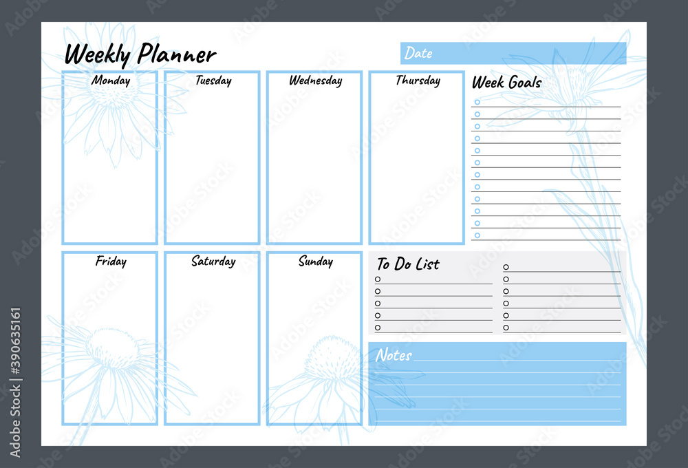 Blue weekly planner, notes, goals and to do list. Blue vector organizer template. - obrazy, fototapety, plakaty 