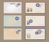 Fototapeta  - Post card and envelope set. Vintage postcard designs, envelopes and stamps. Realistic old postcard. Vector illustration EPS10