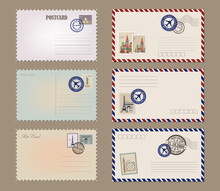 Post Card And Envelope Set. Vintage Postcard Designs, Envelopes And Stamps. Realistic Old Postcard. Vector Illustration EPS10