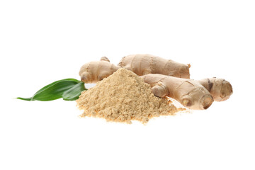 Dry ginger powder, fresh root and leaves isolated on white