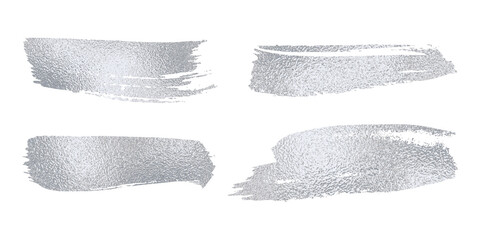 Set of vector sparkle silver mascara brush strokes. Luxury decor of shiny foil. Collection of grunge metal paint texture for greeting card design. Glitter patterns for sticker isolated from background