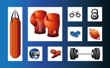 Poster - set icons of boxing gloves, bicycle, kettlebell, helmet, ball sport equiment detailed