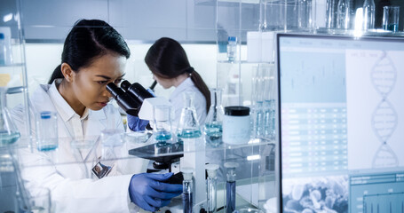 Wall Mural - female doctors testing samples in futuristic laboratory. using microscopes and computer with data
