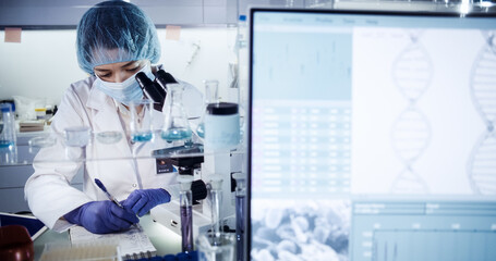 Wall Mural - asian female doctor working on biohazardous samples in laboratory. using microscope
