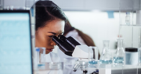 Wall Mural - multi ethnic female team working with dna samples. uisng microscope in laboratory