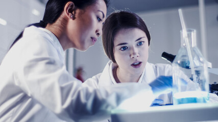 Wall Mural - modern laboratory. female scientists working with microscope. testing biohazardous samples