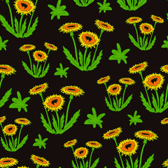 Sticker - Seamless vector pattern with yellow dandelions on brown background. Wildflower meadow wallpaper design. Floral fashion textile.