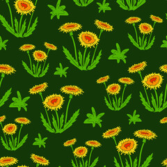 Sticker - Seamless vector pattern with dandelions on green background. Simple floral wallpaper design. Flower meadow fashion textile.