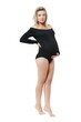 © Petr Smagin - pregnant woman in black bodysuit on white background full length