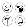 set of icons: dressage saddle, show jumping saddle, another tipes of saddles, stirrup
