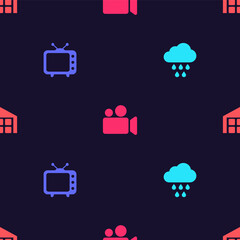 Sticker - Set Cloud with rain, Television tv, Movie or Video camera and Warehouse on seamless pattern. Vector.