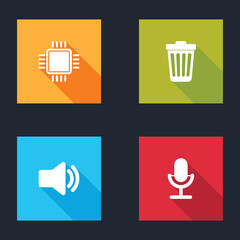 Sticker - Set Processor with CPU, Trash can, Speaker volume and Microphone icon. Vector.