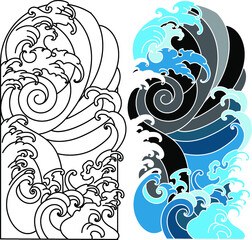 Ocean wave tattoo. a set of Japanese wave Tattoo.water splash and Japanese ocean for tattoo.Line Thai wave tattoo.Japanese wave vector set and thai style.