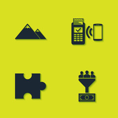 Poster - Set Mountains, Lead management, Piece of puzzle and POS terminal icon. Vector.