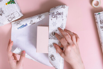 Wall Mural - selective focus. gift wrapping with your own hands, instructions