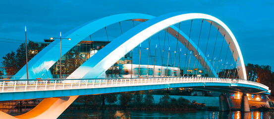 Tramway crossing the bridge