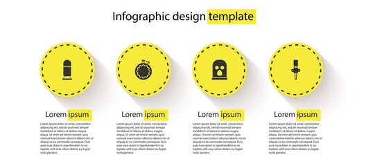 Wall Mural - Set Bullet, Canteen water bottle, Balaclava and Torch flame. Business infographic template. Vector.