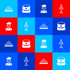 Sticker - Set Louvre museum, Kepi, French man and Street light icon. Vector.