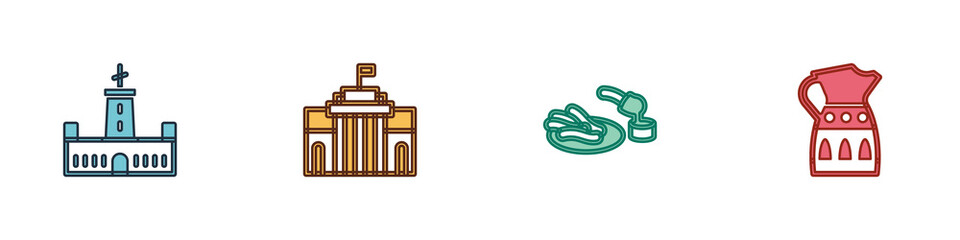 Wall Mural - Set Montjuic castle, Prado museum, Churros and chocolate and Sangria pitcher icon. Vector.