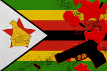Zimbabwe Flag And Black Firearm In Red Blood. Concept For Terror Attack Or Military Operations With Lethal Outcome