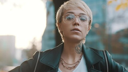 Wall Mural - Portrait of fashionable caucasian confident blond woman with leather jacket and eyeglasses in the park. High quality 4k footage