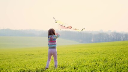 Poster - Smiling little girl playing with colorful kite on green sunny field