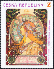 Illustration Of Zodiac By Alfonse Mucha On Postage Stamp 