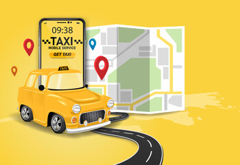 Taxi service. Online mobile application order taxi service illustration.Taxi services mobile app website. yellow cab illustration.Vector taxi mobile app icon Includes smartphone with yellow taxicab.