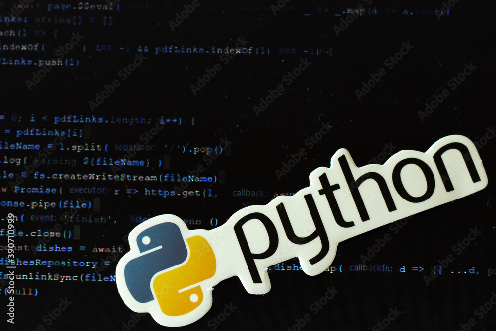 Moscow, Russia - 1 June 2020: Python logo sign with program code on background Illustrative Editorial