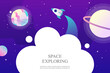 Space travel, planets, stars. Cartoon style. Spaceship. Galaxy, universe. Template for presentation, web page, banner, landing page. Flying rocket. Modern colorful vector illustration