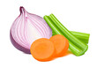 Purple onion, celery and carrot slices isolated on white background
