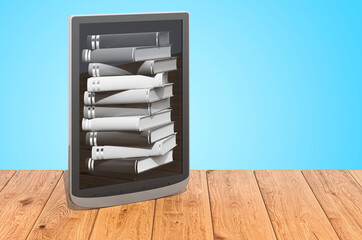 Poster - E-book reader on the wooden planks, 3D rendering