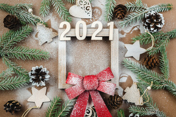 Wall Mural - christmas and happy new year zero waste wooden background. handmade christmas, top view, copy space.