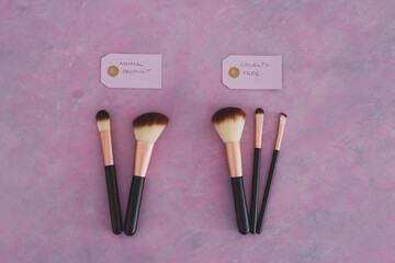 cruelty free vs animal products concept, sets of make up brushes with labels