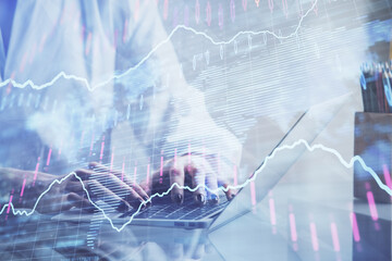 Fototapete - Double exposure of woman hands typing on computer and forex chart hologram drawing. Stock market invest concept.