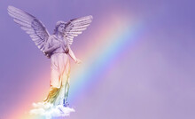 Beautiful Angel Walking On Clouds With Rainbow