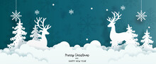 Christmas Card With Reindeer And Christmas Tree. Winter Scene In Paper Cut Style