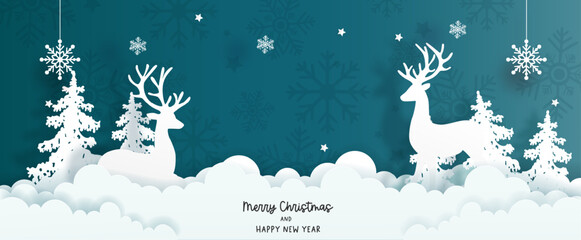 Christmas card with reindeer and Christmas tree. Winter scene in paper cut style